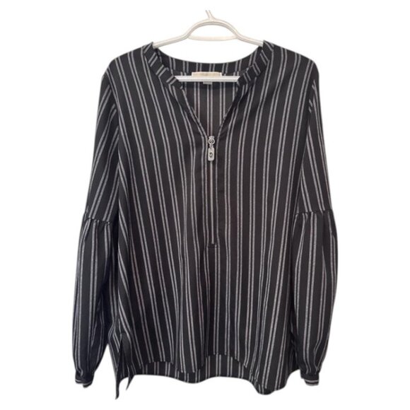 Michael Kors black and white striped blouse low-cut V-neck size US L - Picture 1 of 6